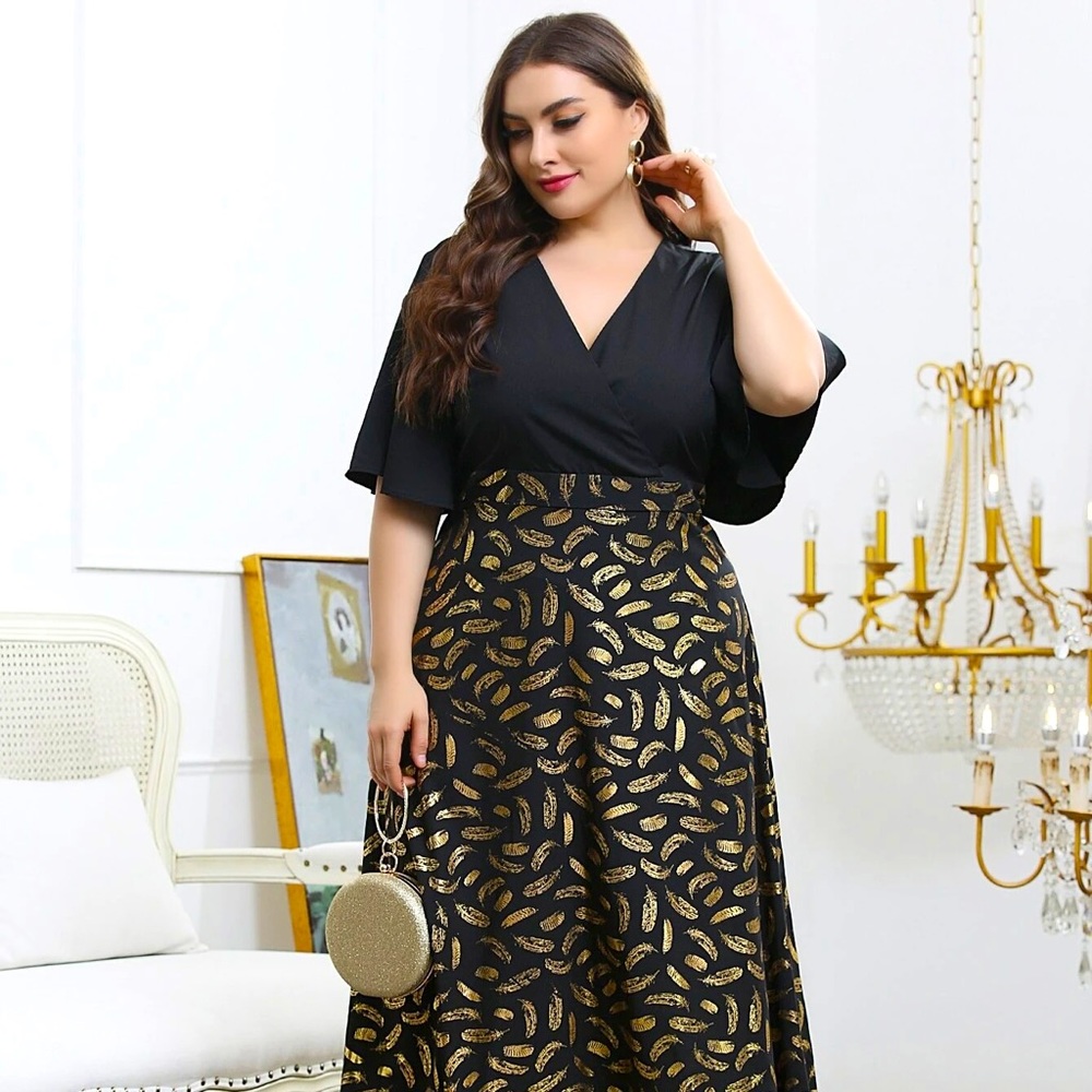 Black & Gold V Neck Feather Print Long Dress- SHEIN